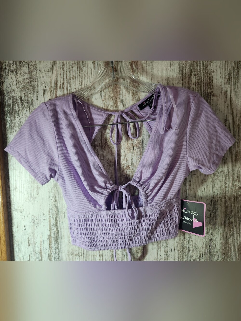 Lavender Lilac Tie-Front Ribbed Crop V-Neck Smock Waist Top by Mixed Threads LA